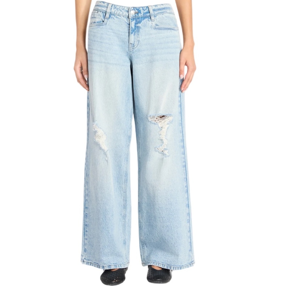 Women’s Wide Leg Distressed Denim Jeans Low Rise & Relaxed Fit Size 12